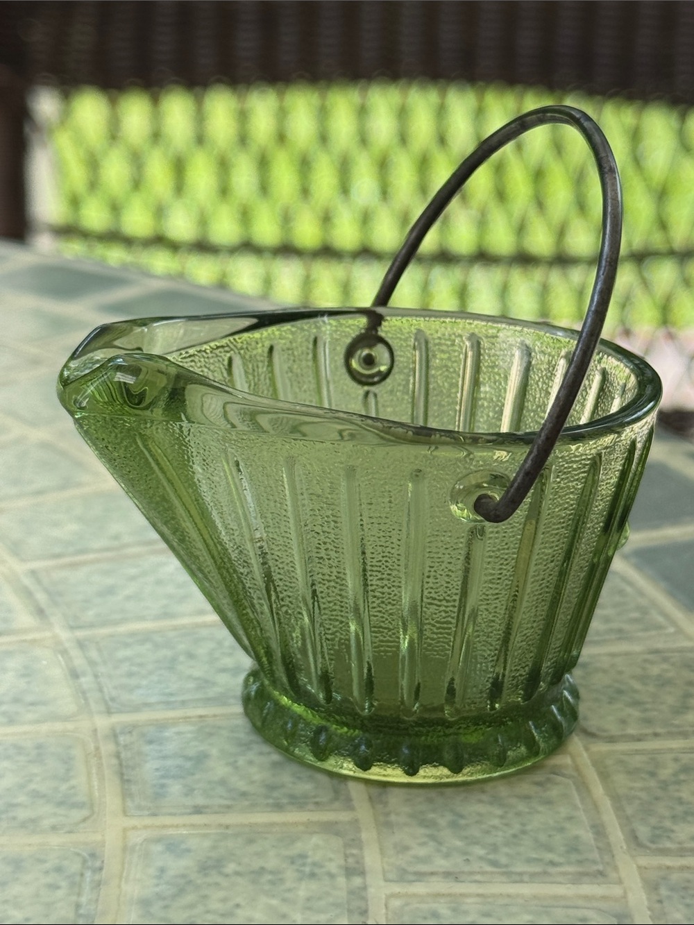 Hazel Atlas Green Glass Mini coal bucket ashtray